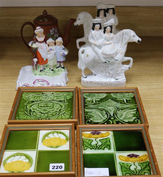 Four Victorian tiles, a pair of Staffordshire figures, a Wedgwood teapot and a Yardley English soap stand